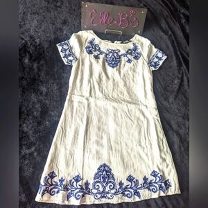 EUC LuLu's Blue/White Embroidery Linen Dress S